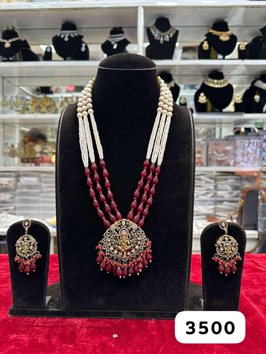 Designer Moissanite Temple Red Long Stone Set