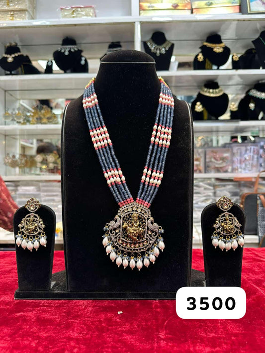 Royal Temple Blue Moissanite Long Necklace Set