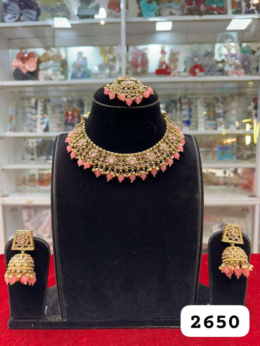 Royal Antique Gold Pink Polki Necklace