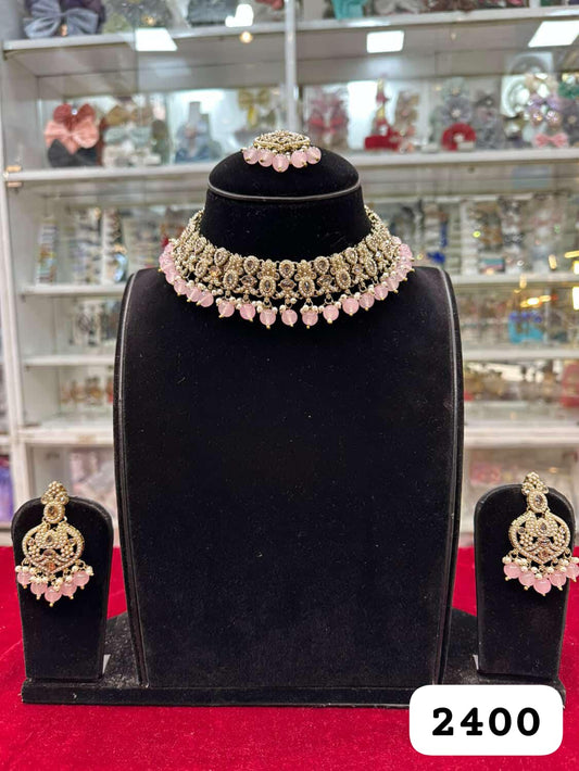 Royal Antique Golden Pink Polki Necklace