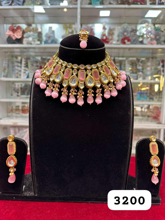 Royal Antique Golden Pink Polki Necklace