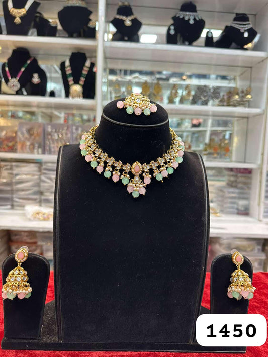 Dual Tone Kundan Green Pink Necklace