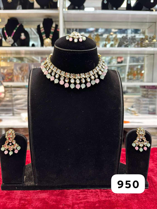 Royal Pink Green Kundan Choker Set