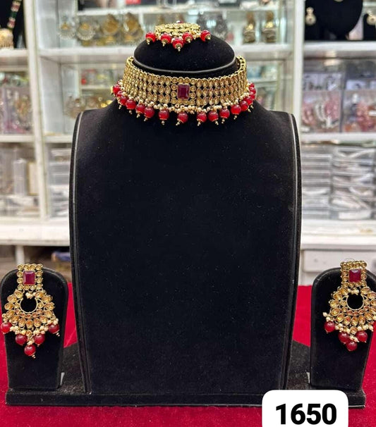 Antique red golden polki choker set