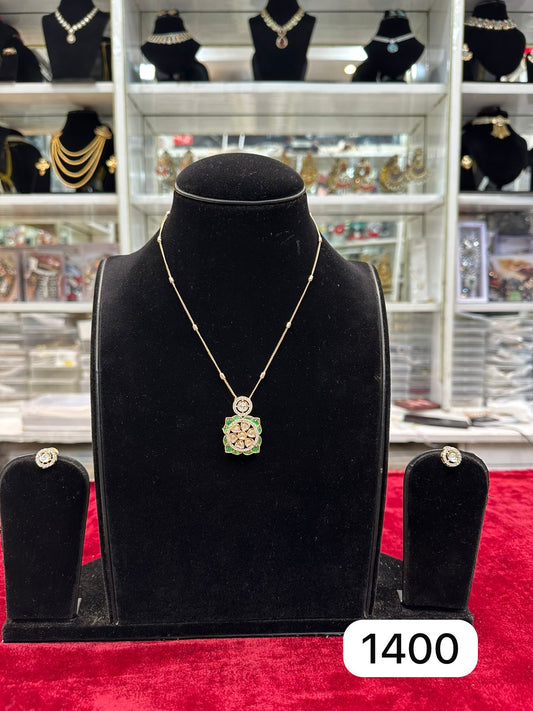 Real Look Kundan Chain Pendant Set with green colour