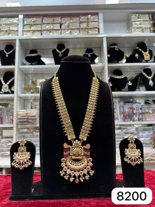 Royal Real Look Golden Ruby Pearl Meenakari Long Set