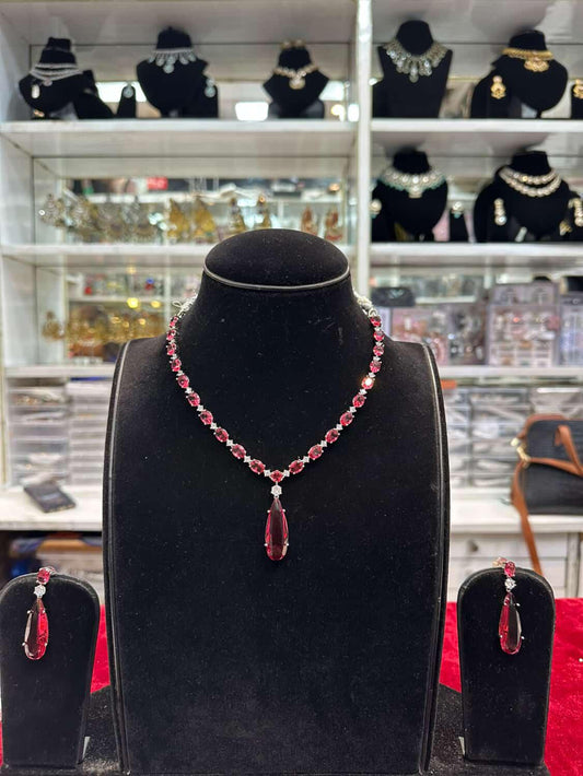 Real Look Silver Diamond Red Ruby Set