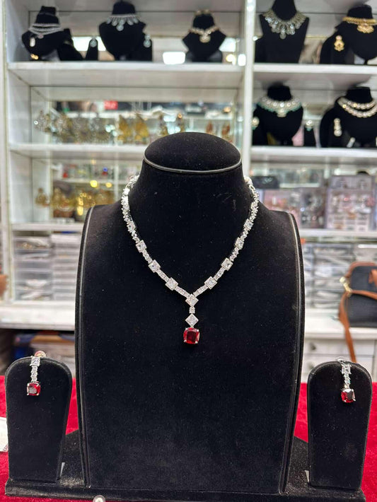 Real Look Silver Diamond Red Ruby Set