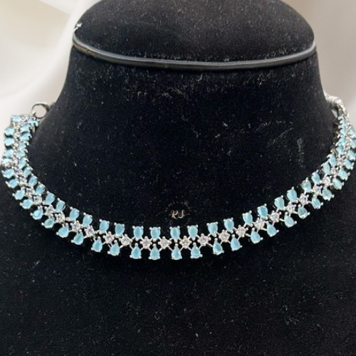Diamond Look Light Blue Neckline Set – American Diamond Finish