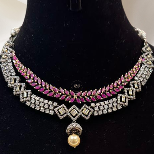 Blackish Diamond Look Necklace Set – With Ruby Red Elegance