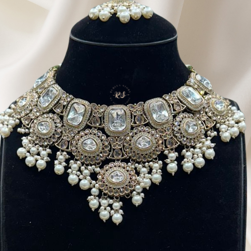 Heavy Polki Necklace Set – Golden Finish for Weddings