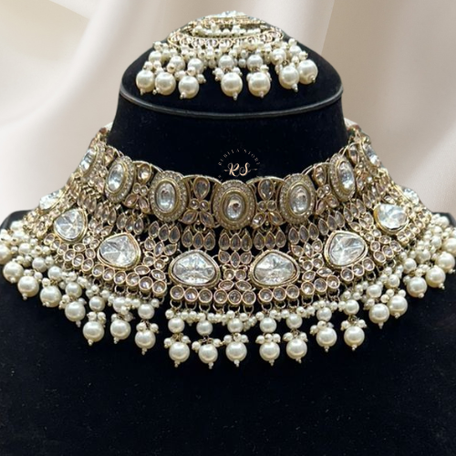 Heavy Polki Necklace Set – Golden Finish for Weddings