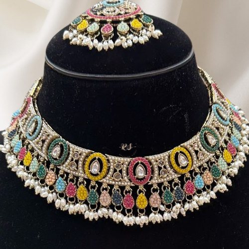 Designer Golden Polki Set with Multicolour Highlights