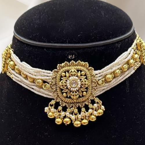 Real Look Golden Choker with Classic Pearl Work
