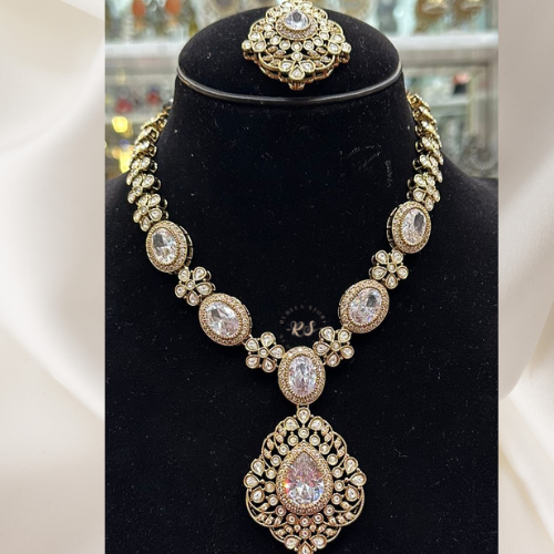 Real Look Polki  kundan Necklace Set – Classic Golden Tone