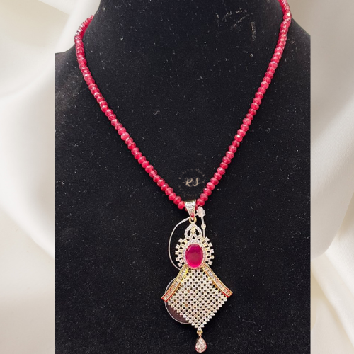 Elegant AD Diamond Golden Pendant with Chain ruby green colour