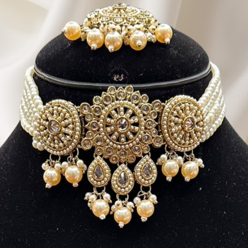 Golden Polki Pearl Choker Set – Traditional Elegance