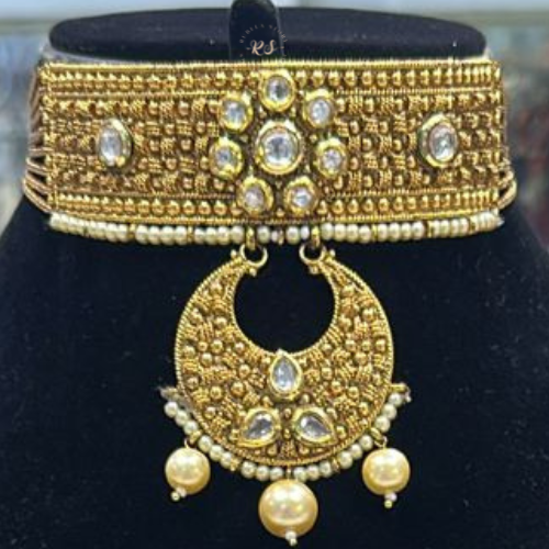 Real Look Golden Kundan Choker Set – Green & Ruby Stone Work