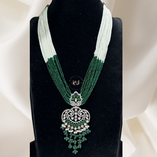 Green & White Kundan Pendant Set – Real Diamond Finish