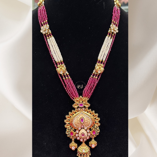 Traditional Golden Moti Pendant Set with Ruby Kundan