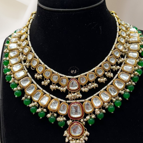 Royal Look Double Layer Green Ankat Kundan Set