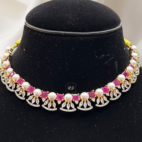 Elegant AD Golden Silk Necklace Set – Ruby Green Stones, Short Style
