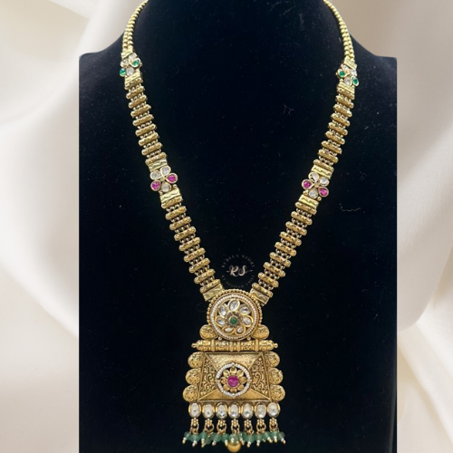 Golden Kundan Pendant Set with Ruby & Green Detailing – Real Look