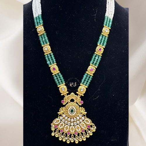 Real Finish Golden Mint Green Pendant Jewellery Set