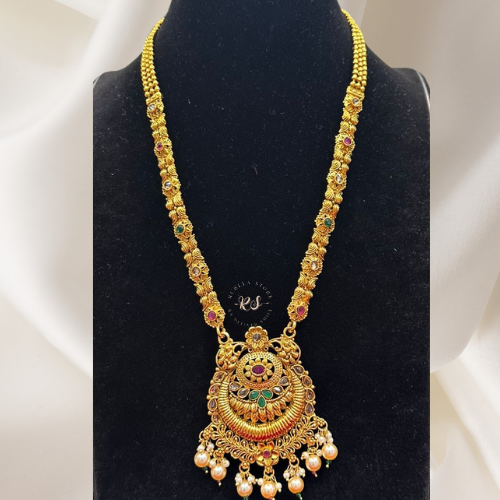 Real Look Golden Polki Pendant Set with Green Ruby Stones