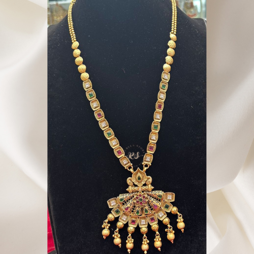 Real Look Golden Pendant Set with Green & Ruby Stones