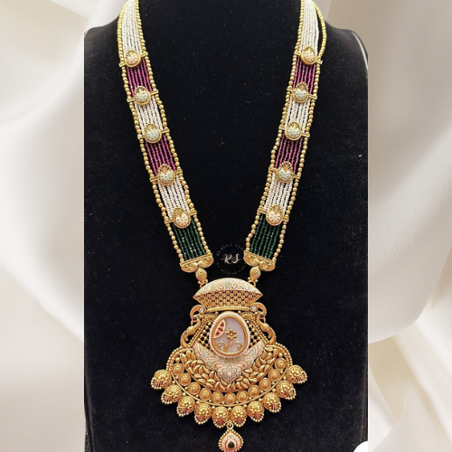 Real Look Heavy Green Moti Ruby Pendant Set