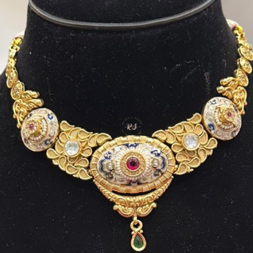 Gold Finish Blue Meena Kari Jewelry Set