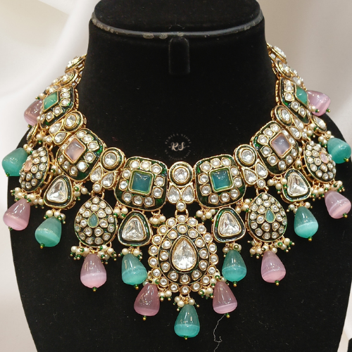 Heavy Kundan Bridal Set – Pink & Mint Green Meenakari Design