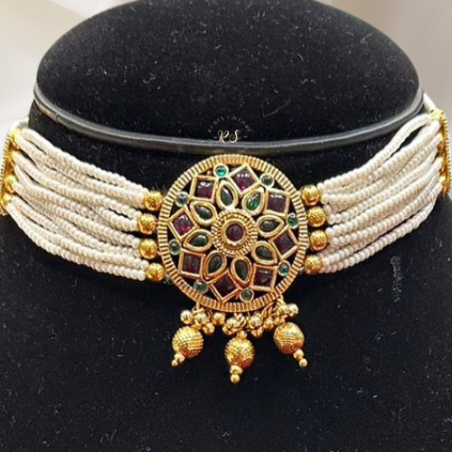 Real Look Gold White Moti Choker Set – Green & Ruby Colour