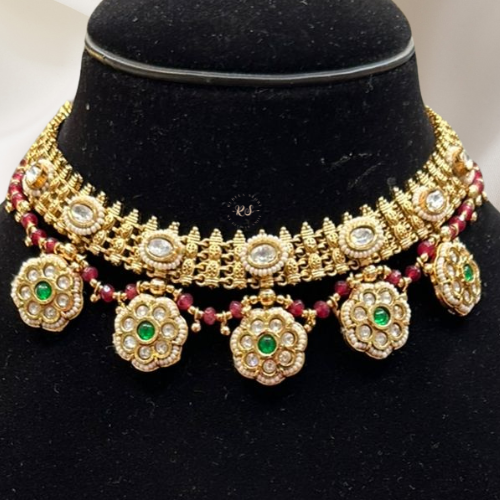Real Look Gold Kundan Short Necklace Set – Green & Ruby Stones