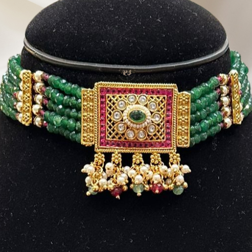 Real Look Golden Green Moti Choker Set