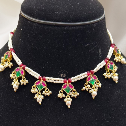 Hyderabadi Kundan Silk Necklace Set – Green & Ruby Colour