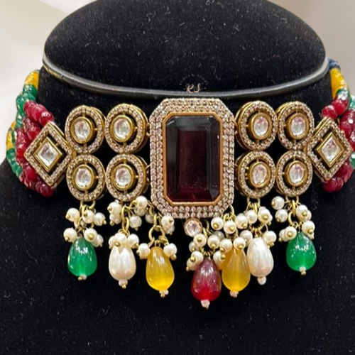 Green Ruby Moti Moissanite Tablet Stone Necklace Set