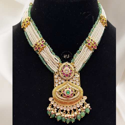 Real Look Gold White Moti Set – Green & Ruby Colour