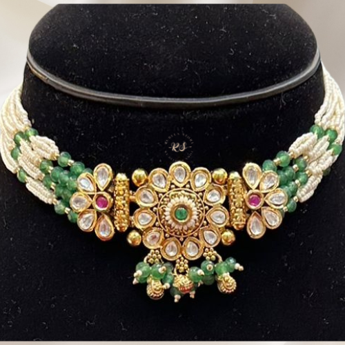 Mint Green Kundan Moti Choker Set