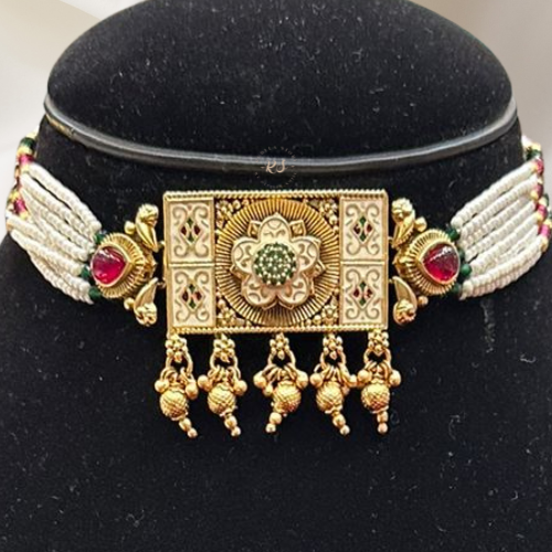 real-look golden-tone meenakari (enamel) pearl (moti) choker set