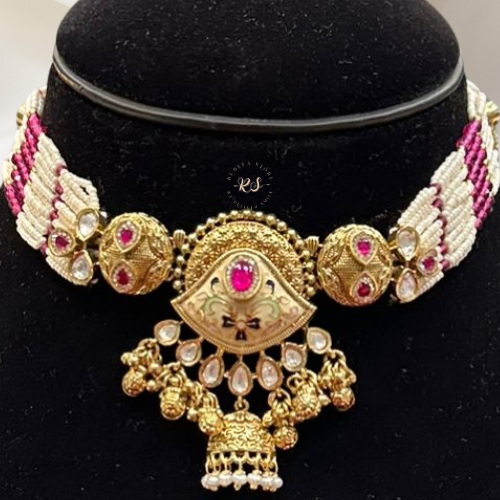 real-look golden ruby‑and‑pearl choker