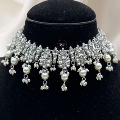 Designer silver polki necklace set