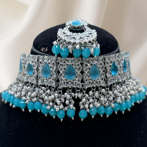 Real look silver polki sky-blue set