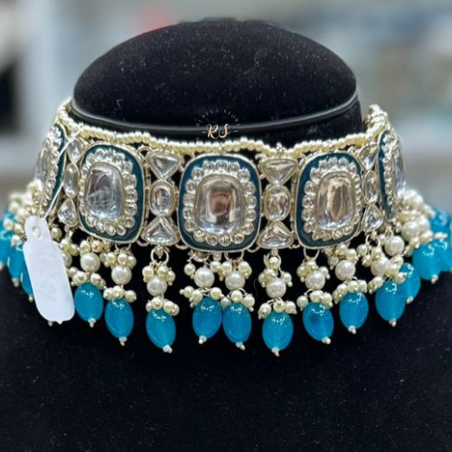 Golden Blue Kundan Necklace Set