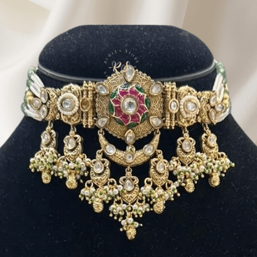 rubela store gold look jewellery best artificial jewellery (1) Gorgeous Rubela Store Ruby and Green Gold-Look Choker Set with White Pearl Mala - Image 1