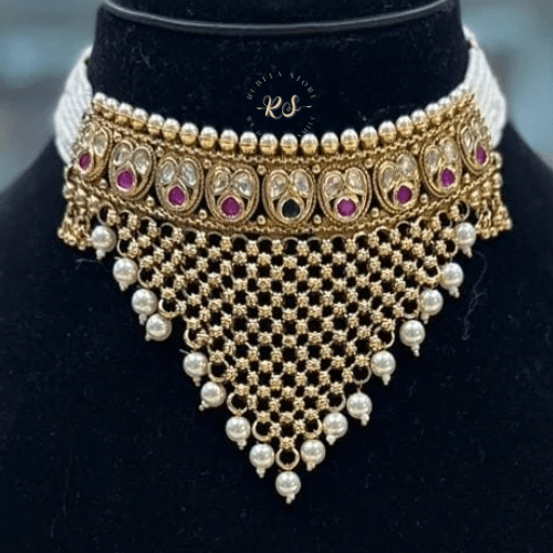 rubela store gold look jewellery best artificial jewellery (2) Rubela Store Royal Ruby Gold-Look Padmavati Choker Set with White pearl work - Image 1