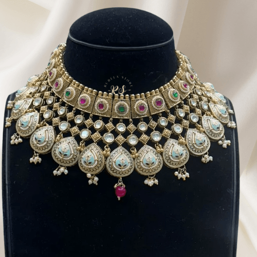 rubela store gold look jewellery best artificial jewellery (4) Rubela Store Premium Red & Green Gold-Look Choker Set with little Meenakari work – Make Every Occasion Shine - Image 1