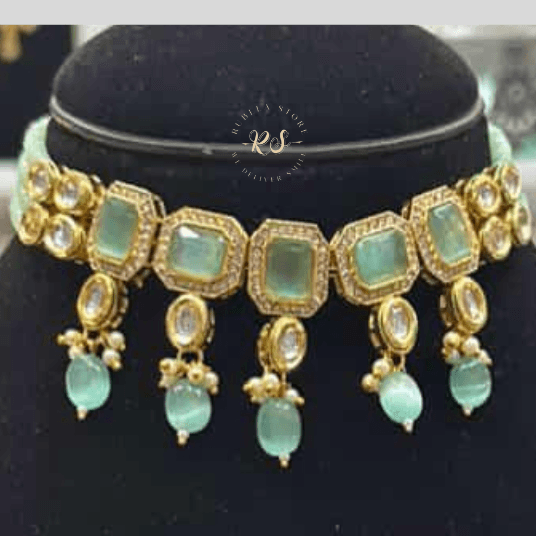 Untitled design (6) Rubela Golden Kundan Mint Choker Set – Royal Glow in Every Look - Image 1