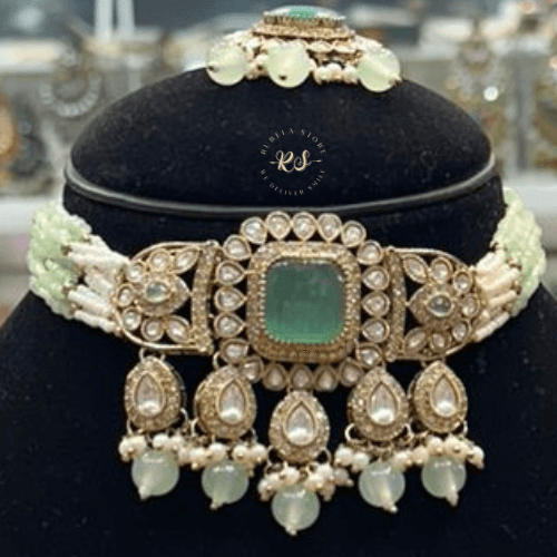 rubela store gold look jewellery best artificial jewellery (10) Real Look Mozonite Choker Set with Soft Mint Colour - Image 1